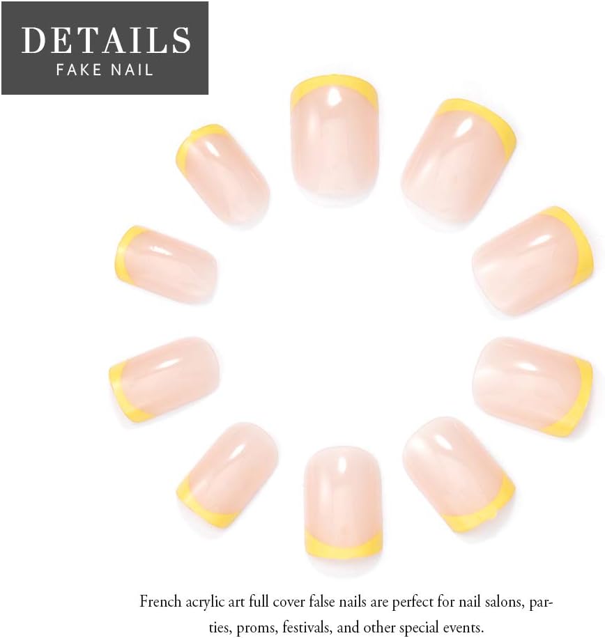 Vatocu Square False Nails Short Pink Yellow Press on Nails French Nude Fake Nails Glossy Acrylic Stick on Nails for Women and Girls (24pcs) - Image 4