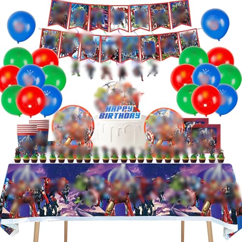 Juego de vajilla de fiesta de cumpleaños para niños, decoración de fiesta de superhéroes de Marvel, decoraciones de cumpleaños con pancarta, globos, mantel, platos, tazas, servilletas, decoración para