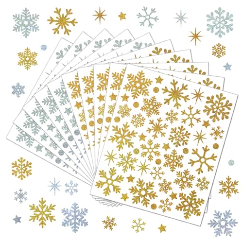 440 Pcs Glitter Snowflake Stickers – 10 Sheets Waterproof Vinyl Decals for Bottles, Windows, Laptops, Journals, Gift Wrapping, Home Decor & DIY Crafts, Decorative Holographic Stickers (Gold & Silver)