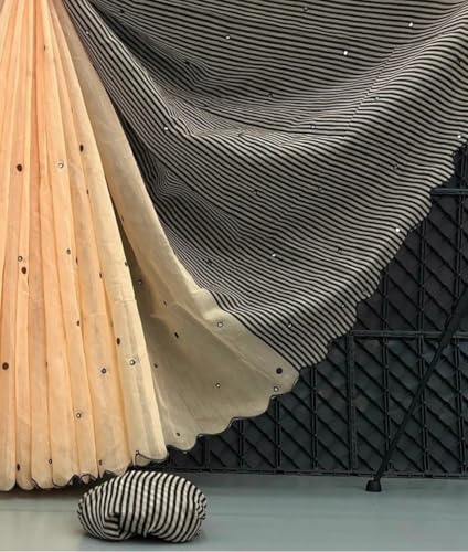 Image of Linen Cotton Saree with Black Mirror Work | New