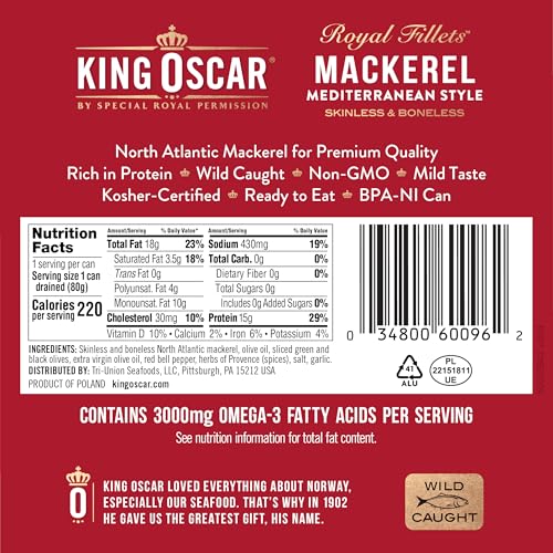 Image of King Oscar Skinless & Boneless Mackerel Fillets, Mediterranean Style, 4.05 -Ounce Cans (Pack of 1)