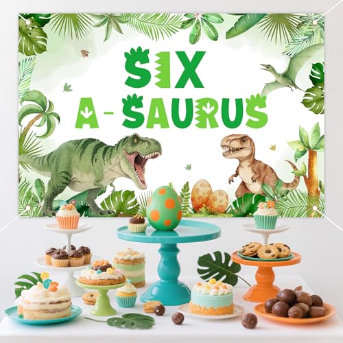 Jollyboom Dinosaur 6th Birthday Decorations, Six a Saurus Birthday Decorations Backdrop Banner for Dinosaur Jungle 6 Year Old Boy Girl Party Background Supplies 3 x 5 ft