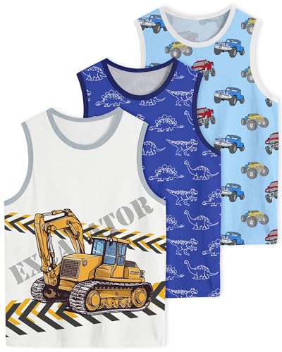Boys Tank Tops Toddler Sleeveless Tank Tops Boys 3-Pack Dinosaur Excavator Tank Set for 3-8 Years Kids