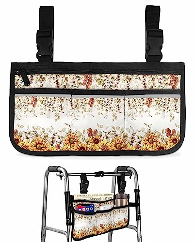 Sunflower Eucalyptus Leaves Wheelchair Side Bag Walker Bag, Country Floral Botanical Wheelchair Accessories Armrest Pouch, Organizer Storage Bag for Walkers, Rollators, Scooters, 7.3''x13''