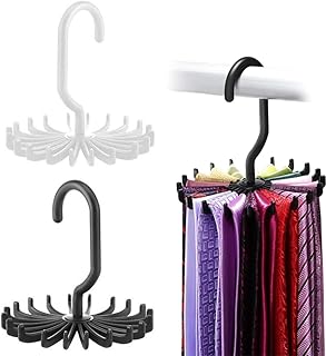 ネクタイ収納ハンガー 円形 360度回転 省スペース収納アイテム 20本のネクタイを収納可能 回転式ネクタイラック 収納フック ワードローブオーガナイザー収納用ハンガーホルダーフック （1白+1ブラック）