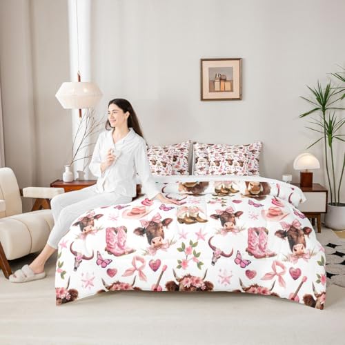 Image of Bow Highland Cow King Size Bedding Sets with Sheets,Comforter,Pillowcases,Pillow Covers 7 Pcs Cartoon Butterfly Heart Flowers Romantic Comforter Set Pink Cowboy Boots Southwestern Bedroom Dorm Bed Set