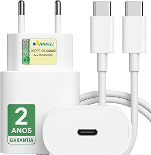 Carregador USB-C Turbo para iPhone 15, 15 pro, 15 Pro Max, iPhone 16, 16 pro, 16 pro Max, Compativel c/Samsung Galaxy, IOS/Android, Super Rapido, Fonte Entrada Tipo-C + Cabo USB-C, Branco Homologado
