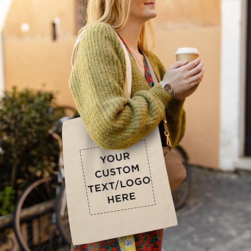 DISCOUNT PROMOS Custom Natural Cotton Fiber Tote Bags (Set of 50) - Personalized, Reusable & Eco-Friendly - Perfect for Grocery, Promotions, Branding - Natural Color, 14.5\"X16\", 5 OZ Cotton