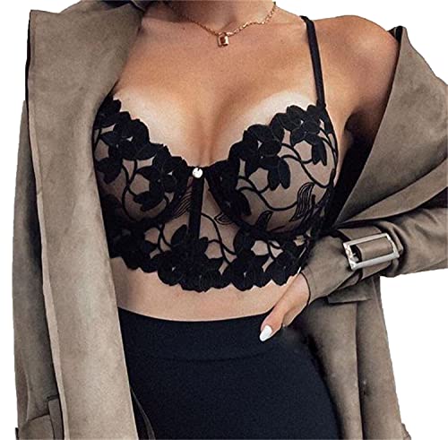 Women's Sheer Lace Bralette Sexy Spaghetti Strap Unlined V-Neck Bra Full Coverage Non-Padded Underwire Bralettes (Black,X-Large)