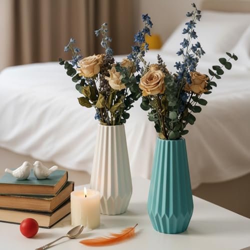 Image of TrustBasket Serene Flower Vase Sky Blue & White Set of 2 Decorative Plastic Accent for Living Room, Bedroom & Dining Table, Modern Table Top Home Decor Display for Fresh or Artificial Flowers
