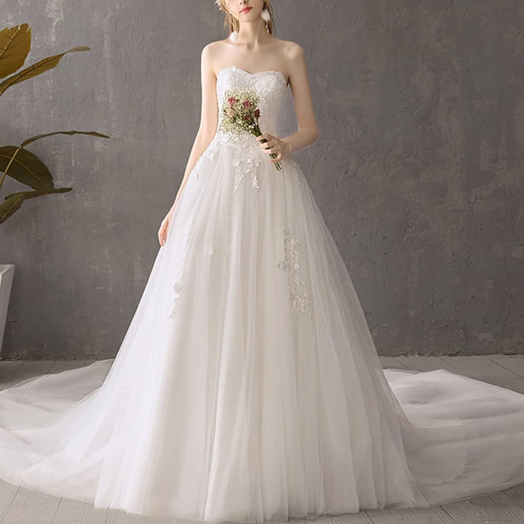 Off Shoulder Strapless Backless Tube Top Bridal Wedding Dresses With Train, White Long Tail Wedding Dresses For Bride, Custom Plus Size Evening Gowns For Women White 36, Generic, White,