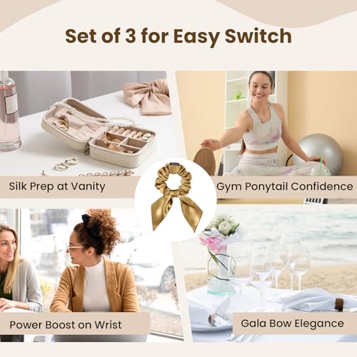 Image of THXSILK 100% Mulberry Silk Bow Scrunchies 3-Pack, 22 Momme Mulberry Silk Hair Ties for Women, Cute Bunny Ear No Damage Ponytail Holders, Fashion Hair Accessories for Girls(M, Metallic Gold)