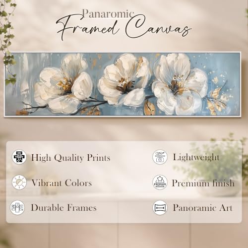 Image of PAINTINGMANTRA White Cherry Blossom Flowers Wall Art Painting, Framed Floral Wall Art Painting for Living Room, Home and Office Wall Decoration (13x47 Inch)