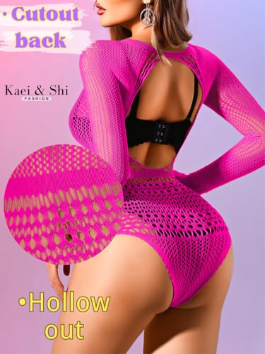 Image of Kaei&Shi Sexy Hollow Rave Outfits, Fishnet Bodysuit Fits US Women Sizes 0-18, Sheer Lace Glow Party Tops Festival Mesh