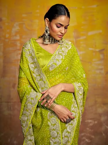 Image of Satrani Women'S Georgette Embroidery Bandhani Printed Saree With Unstitched Blouse Piece