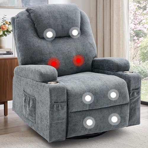 Korser Recliner Chair 360 Manual Swivel Rocker Chair with Overstuffed Headrest Rocking Chair with Massage and Heating Lounge Chair with Cup Holders for Living Room Bedroom Nursery RV Chenille