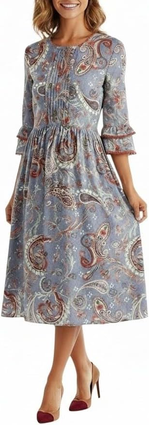 Women's Elegant Chinese Tops Mulberry Silk Dress Patterned Long Sleeve High Waist Dress