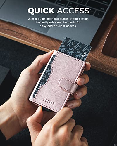 Image of VULKIT Slim Bifold Pop up Wallet Minimalist Leather Card Holder RFID Blocking Metal Card Case with ID Window for Women | with Leather Slots