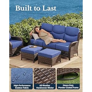 Luxury high back outdoor furniture 6 inch thick cushion swivel rocking patio chairs and 3 seat sofa 6 pcs wicker conversation set for yard in blueversion 20  urban country home decor