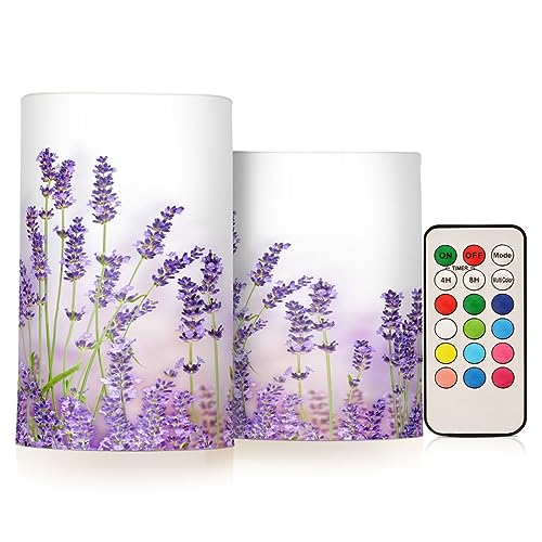 Image of YETTASBIN Purple Lavender Flameless Candles with Remote Control and Timer, Adjustable Brightness Long Lasting Battery Operated LED Pillar Candles for Indoor Outdoor Party Holiday Home Decor, 2 Pack
