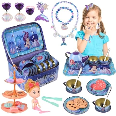 Little Mermaid Toys for Girls 4-6, Mermaid Tea Set for Little Girls, Mermaid Jewelry Makeup Set, Christmas Birthday Easter Gifts for Girls 3 4 5 6 7 8 Years Old Cover