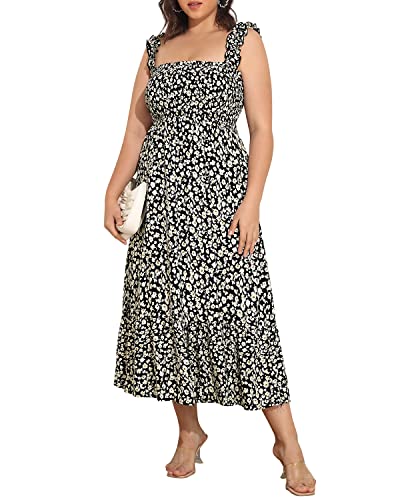 Image of Plus Size Summer Dress - Sun Boho Beach Casual Floral Spaghetti Strap Sleeveless Long Maxi Dresses