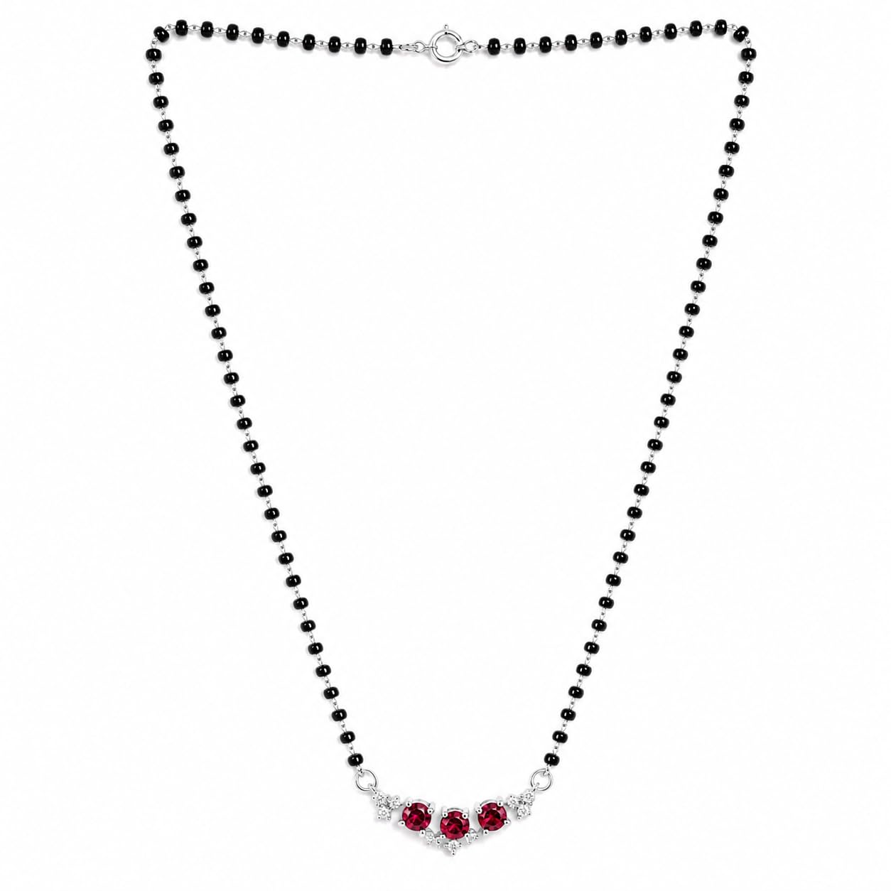 925 Sterling Silver Celeste Ruby Glow Mangalsutra for Women | Rhodium-Plated Chain with Black Beads & Zircon Triple Ruby Red Crystal Pendant with Sparkling Accent Details | Traditional Necklace-image-14