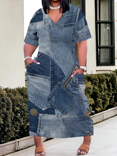 Image of Plus Size Maxi Dress for Women Short Sleeve V Neck Casual Loose Sundress with Pockets