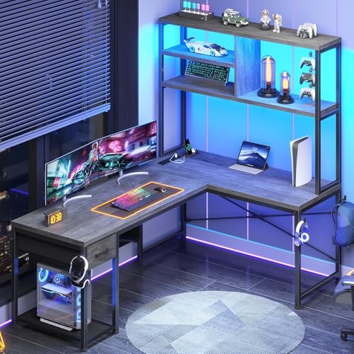 SEDETA L Shaped Gaming Desk, 51.2" Reversible Small Corner Desk with Drawer, Power Outlet & LED Lights, Computer Desk with Storage Shelves for Small Space, Grey