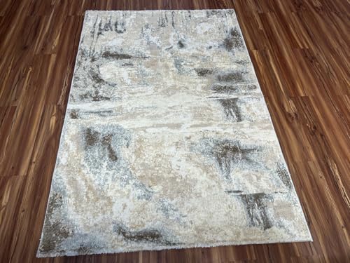 Image of 5x7 Feet (150x210 CM) Carpet for Living Room Hall & Bedroom - Beige Gold Modern Abstract Geometric Silk-Touch Luxury Hotel-Style Washable Anti-Skid Turkish Area Rug