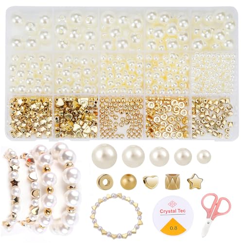 Image of SANNIDHI 720pcs Pearls Beads for Jewellery Making Kit, Pearl Beads for Bracelet Making, Assorted Sizes Pearl Round Beads Set Spacer Charms Golden Beads with Tools for DIY Crafts, Earrings, Necklace