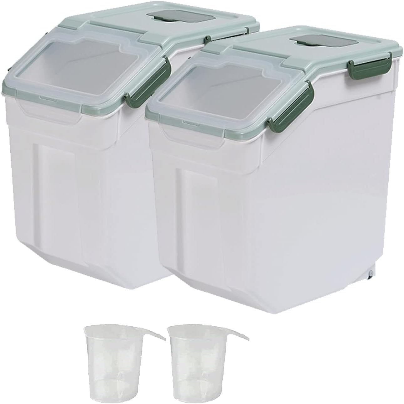 PENCK 2 Pack Rice Dispenser 20lbs Large Flour Storage Container Plastic Holder Airtight Food Bin Cereal Grain Organizer wit Measuring Cup &Scoop, 8-15kg Capacity (Green)