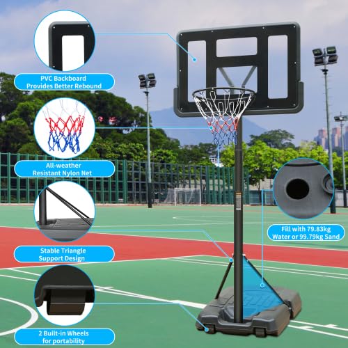 Canestro da basket per esterni con supporto, regolabile in altezza, 198-305 cm, supporto mobile per bambini e adulti, rete resistente alle intemperie, pannello posteriore in PVC ad alta resistenza