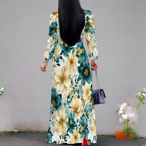 Image of Women Plus Size Long Sleeve V Neck Maxi Dress with Belt | Soft fabric relaxed fit three quarter sleeve v neck with pockets for party and daily wear