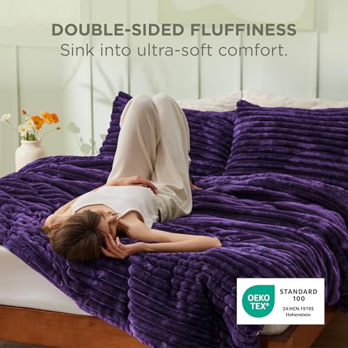 Image of Bedsure King Fluffy Comforter Set - GentleSoft 3 Pieces Luxury Fleece Purple Bedding, Cozy Room Decor Aesthetic, 1 King Bed Comforter (104 inchx90 inch) and 2 Pillowcases (20 inchx36 inch)