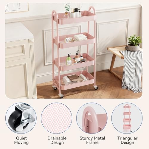 NEWBULIG-4-Tier-Metal-Rolling-Storage-Utility-Cart-with-Lockable-Wheels-Mobile-Organizer-Shelf-Space-Saving-Freestanding-Bathroom-Living-Room-Slim-Narrow-Corner-Spaces-Pink