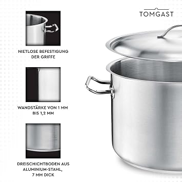 Medium Pot Diameter 24 cm with Lid Pro Capacity 6.5 L Height 15 cm Stainless Steel Layered Base for Induction and Hot Plates Dishwasher Safe