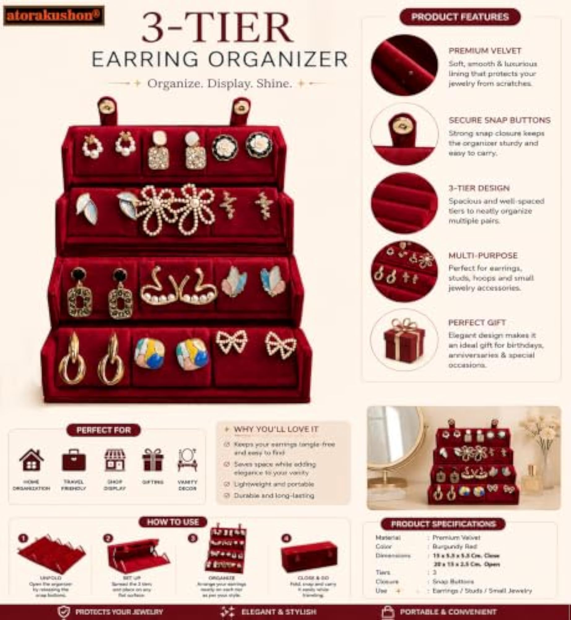 12 Pair Velvet Maroon Earring Storage Box, Pack of 3