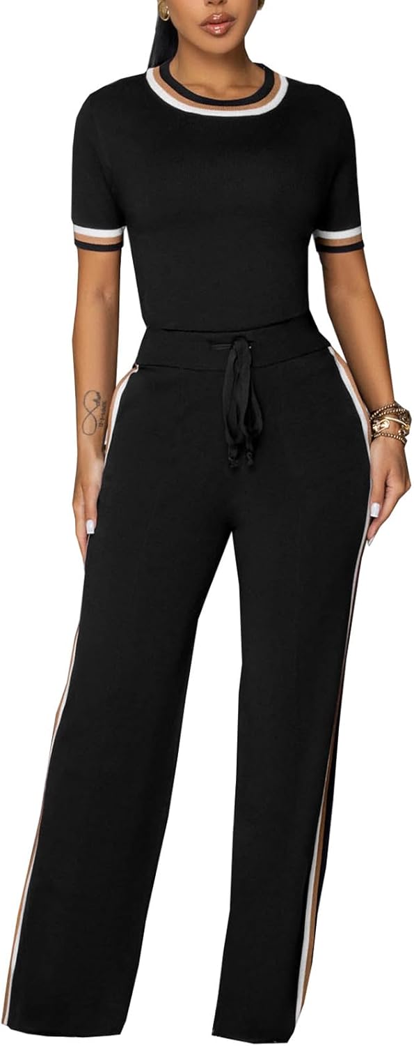 WOKANSE Jogging Suits for Women Crew Neck Short Sleeve Top Ribbing Drawstring Waist Straight Leg Long Pants Airport Outfit