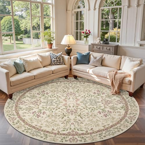 jinchan 7ft Washable Round Area Rug, Vintage Floral, Pastoral Green