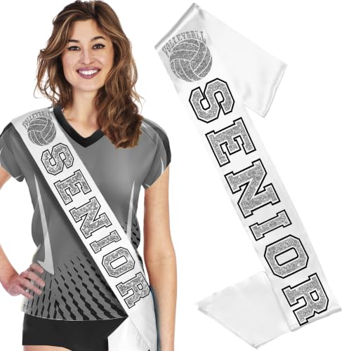 RhinestoneSash Senior Sash Volleyball White - Silver Sparkle Volleyball with Black Outline Senior White Premium Grade Satin Sash - High School Team Sport Gifts - WhiteSash(VLY) SLV w/BLK