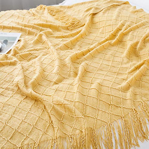 Treely Knit Throw Blanket For Couch,Soft Knitted Blankets With Tassels Fringe 50" X 67.7", Decorative Lightweight Throws Blanket Farmhouse Bed Sofa Fall Outdoor, Yellow #TOP2