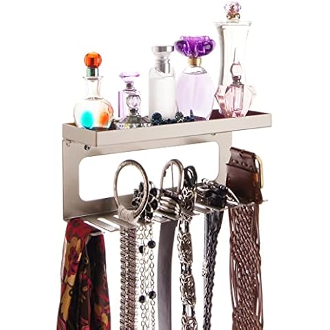 Angelynn's Wall Mounted Belt Organizer, Accessory Valet Holder with Tray Shelf, Closet Storage Rack, Arinn Satin Nickel Silver Cover