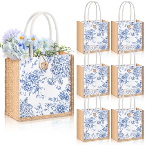 Abbylike 6 Pcs Floral Gift Bag Small Flower Tote Bag,Blue