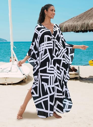 Image of Yanziliu Kaftan Dress for Women,Plus Size Hawaiian Batwing Sleeve Beach Cover Up Summer Swimsuit Dresses