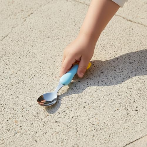 Image of Hian Kids Feeding Spoon & Fork Set - 304 Stainless Steel Children's Cutlery with Cute Design Handles, Safe Rounded Edges, Easy Grip & Travel Carry Case Included, Pack of 2 (Blue Color)