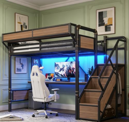 Image of Bellemave Twin XL loft Bed with Storage Stairs, Wardrobe, Shelves, Metal Twin XL Loft Bed Frame for Adults, Kids, Teens, Black+Natural Wood with Black Stairs