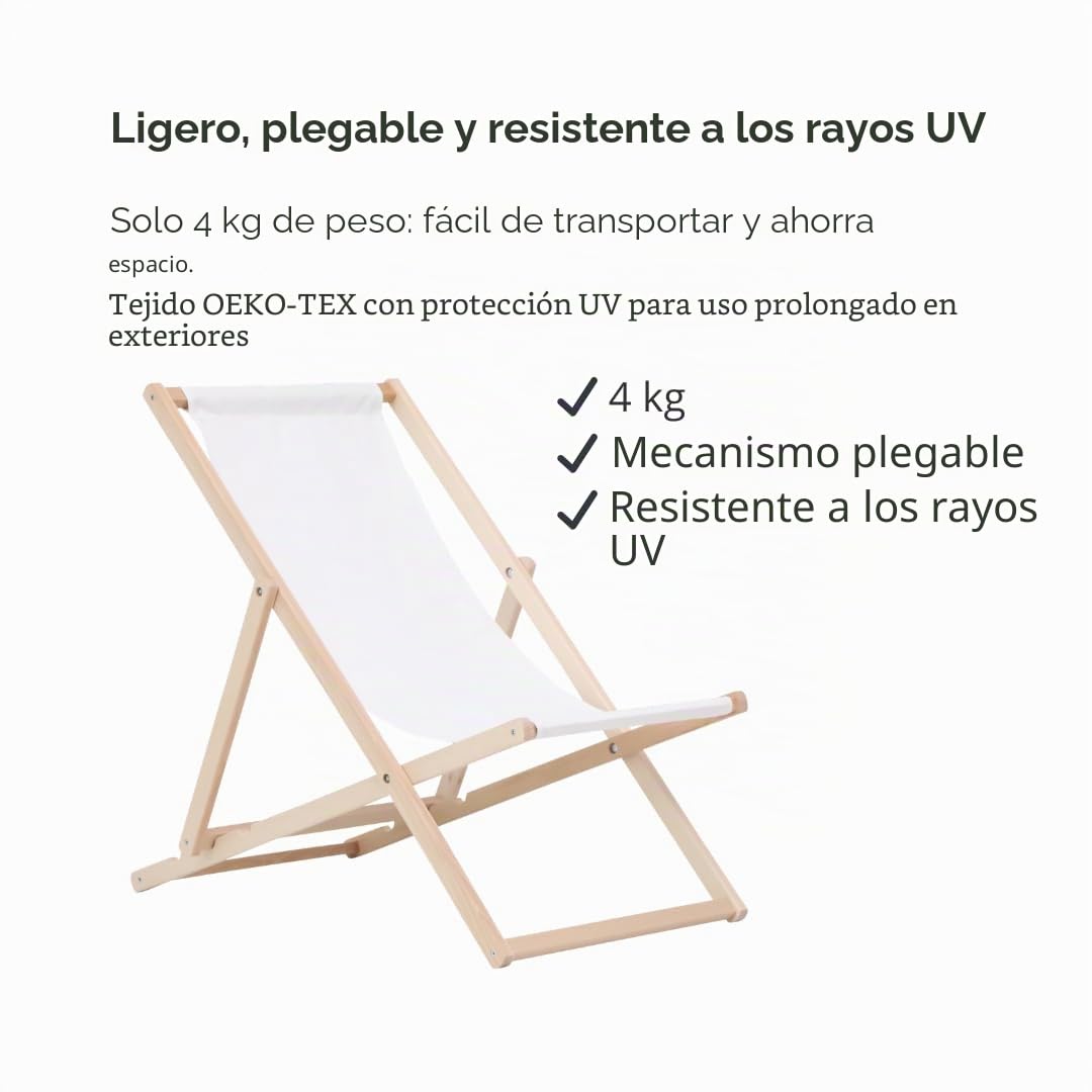 BAS Tumbona de Madera Ajustable para Playa y Jardín Construcción Robusta y Sólida Material Práctico, sillas Plegables de Madera, Blanco