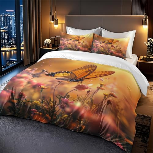 Parure de lit 240x260 microfibre durable avec housse de couette fleur orange