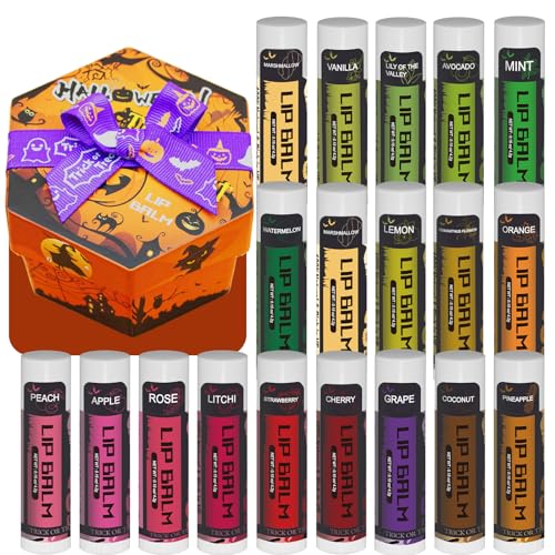 Yopela 19 Pack Halloween Lip Balm Party Favors Lip Care Set with Vitamin E & Coconut Oil to Moisturize Repair Dry Chap Lips 18 Flavors Perfect for Trick-or-Treat Gifts or Goodie Bag Stuffers